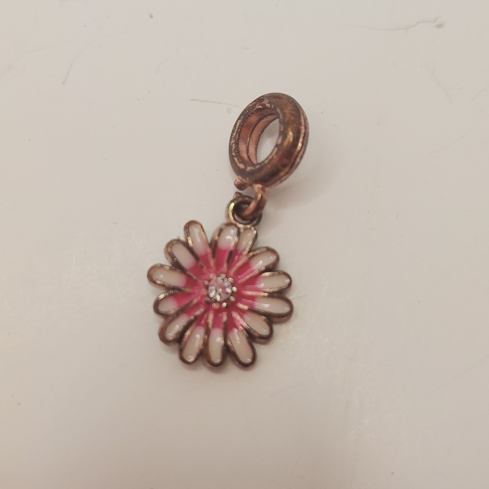 Pink Enamel Daisy Flower Pendant Charm Rhinestone Small Vintage Style
